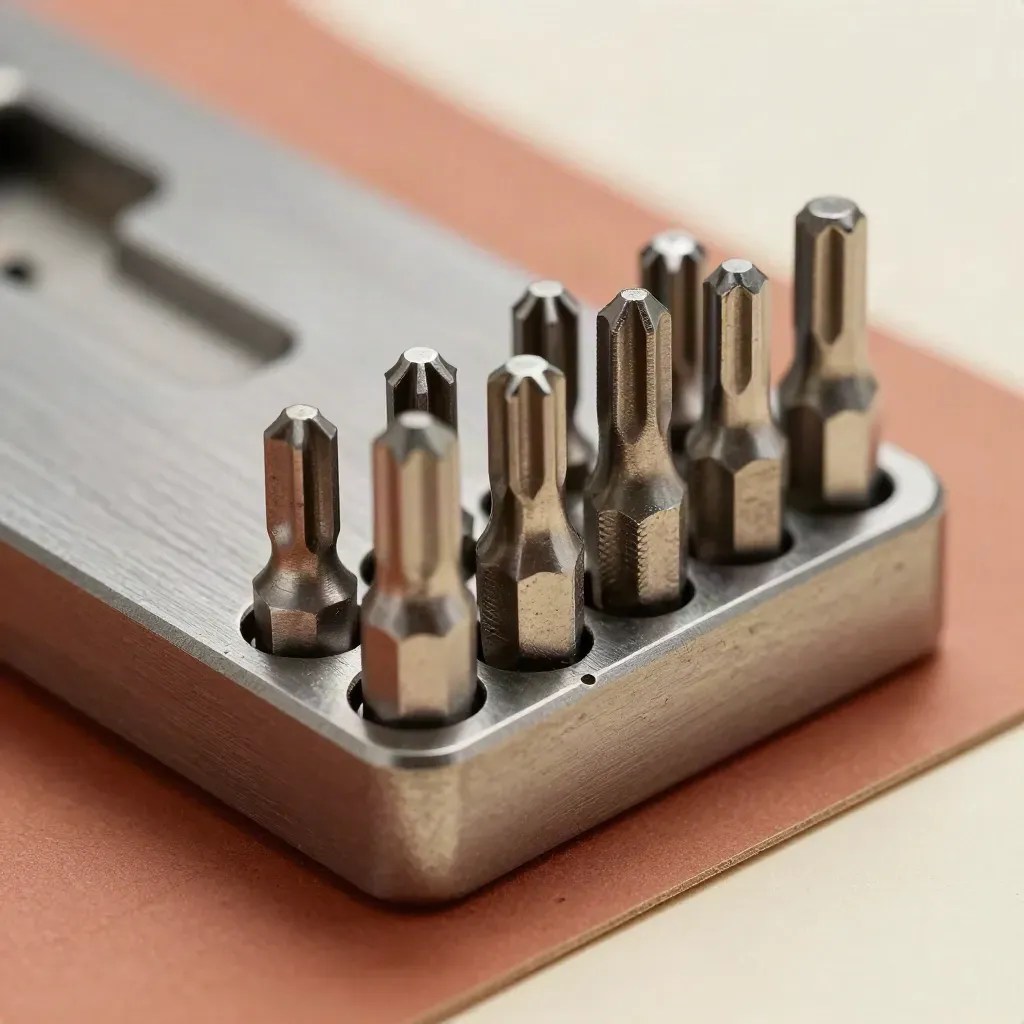 Açık metal kasette kademeli dizilmiş kısa tork uç seti, yakın makro.